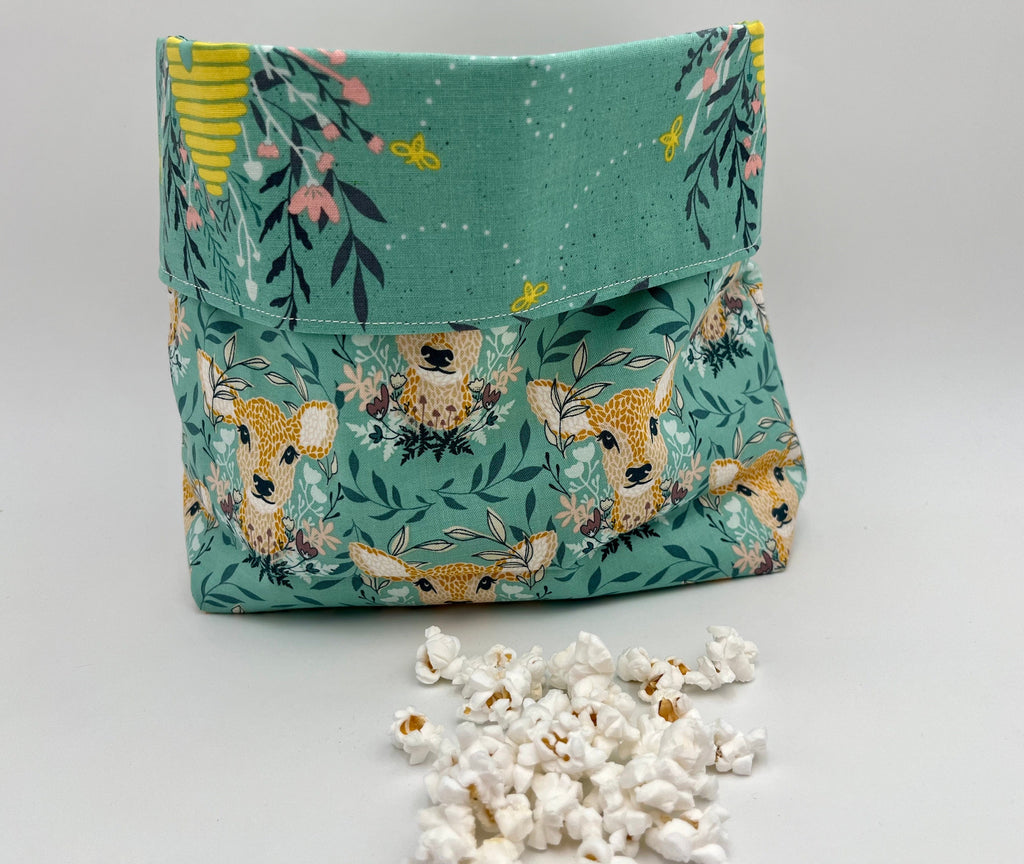 Reusable Popcorn Bag, Reusable Microwave Popcorn, Microwave Popcorn Cozy, Eco-Friendly Snack Holder - Deer Honeybee Green