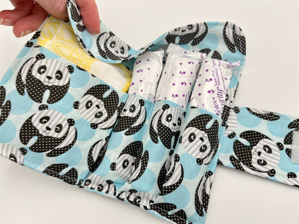 Privacy Pouch, Tampon Case, Sanitary Pad Case, Pad Pouch, Tampon Bag, Tampon Cozy, Tampon Holder - Panda Bears Blue