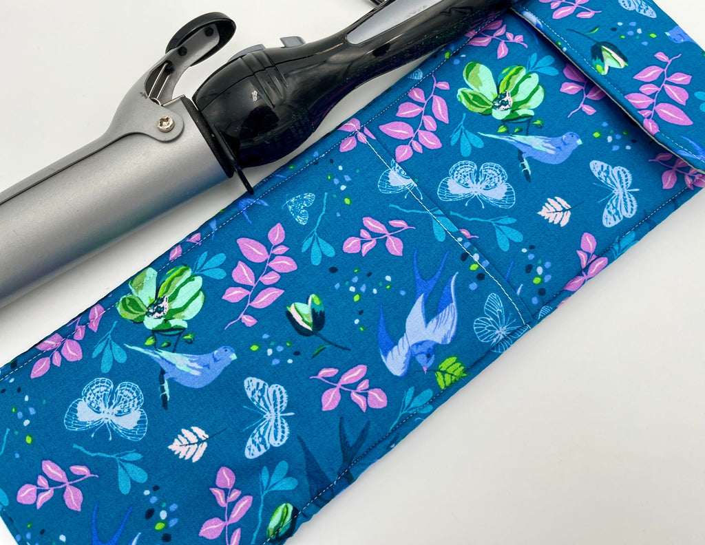 Blue Curling Iron Holder, Curling Iron Case, Flat Iron Holder, Flat Iron Case, Curling Iron Bag, Flat Iron Sleeve - Anew Birds Teal Blue