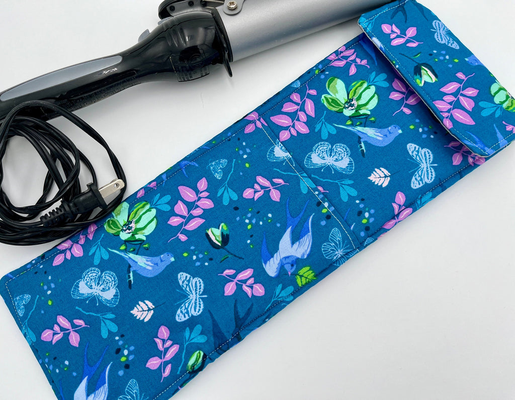 Blue Curling Iron Holder, Curling Iron Case, Flat Iron Holder, Flat Iron Case, Curling Iron Bag, Flat Iron Sleeve - Anew Birds Teal Blue