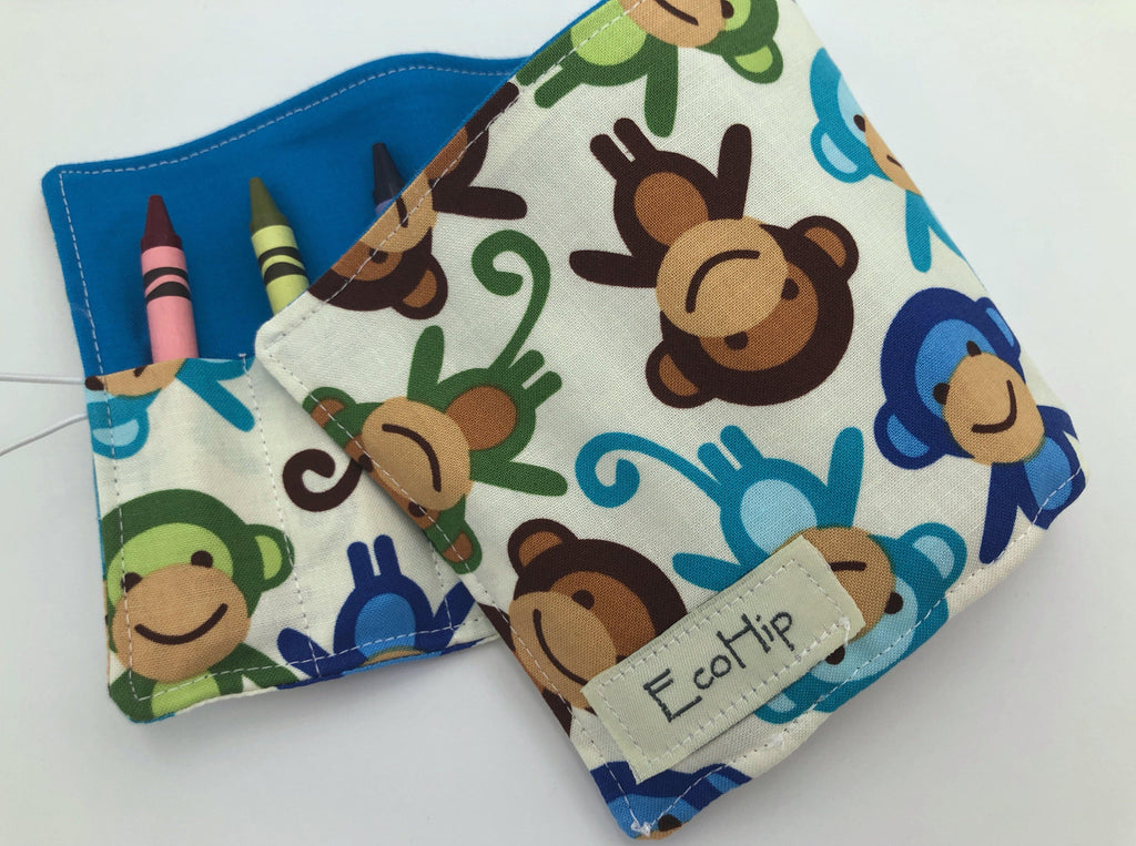 Blue Monkeys Crayon Roll, Preschooler Travel Toy, Animal Crayon Case - EcoHip Custom Designs