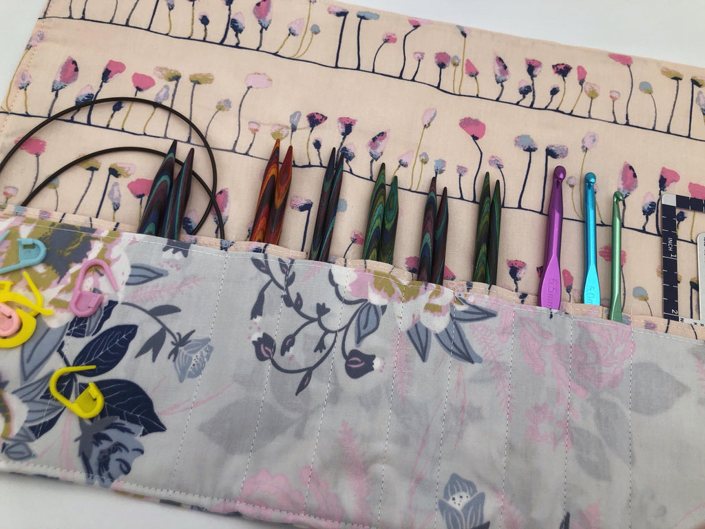Pink Interchangeable Knitting Needle Case, Notion Storage, Crochet Hook Roll - EcoHip Custom Designs
