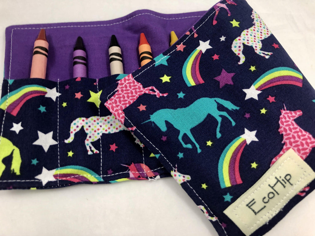 Unicorn Crayon Roll, Girl's Stocking Stuffer, Rainbow Crayon Case, Purple - EcoHip Custom Designs