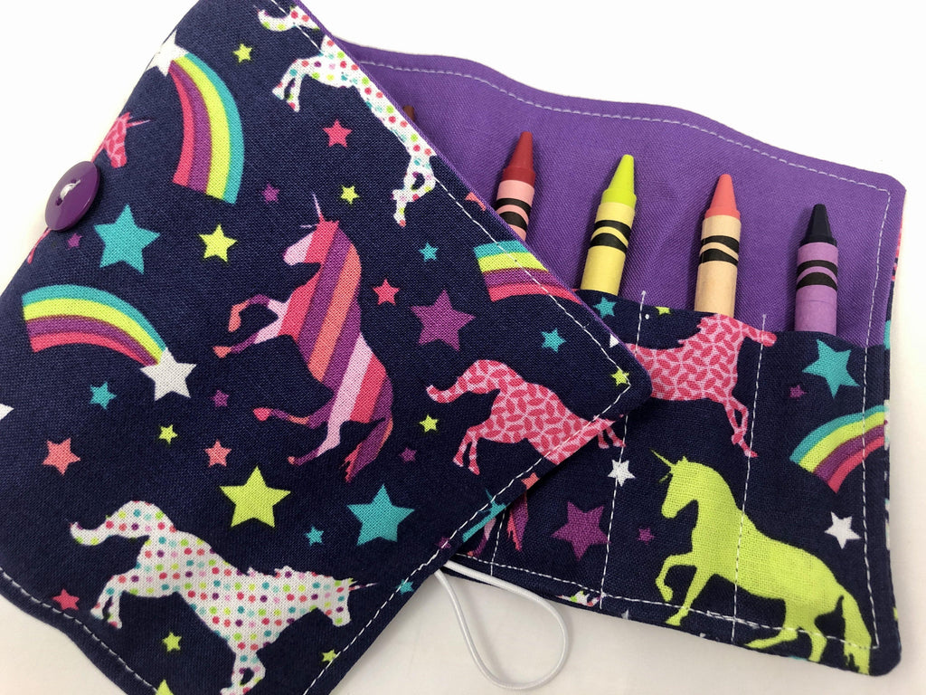 Unicorn Crayon Roll, Girl's Stocking Stuffer, Rainbow Crayon Case, Purple - EcoHip Custom Designs