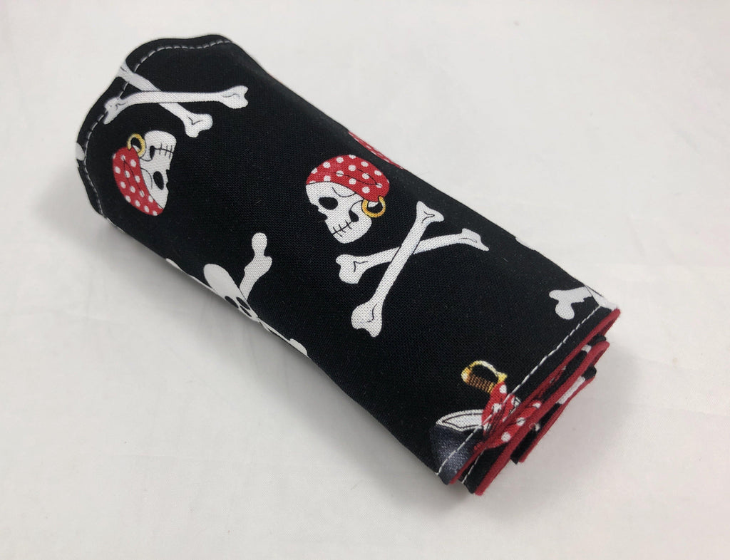 Pirate Crayon Roll, Boy's Travel Toy,  Black Crayon Case, Skull and Crossbones - EcoHip Custom Designs