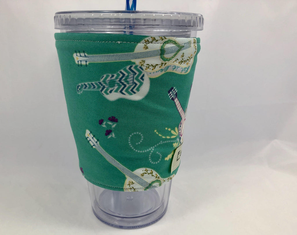 Green Music Reversible Coffee Cozy, Guitar Iced Coffee Cup Sleeve, Hot Drink - EcoHip Custom Designs