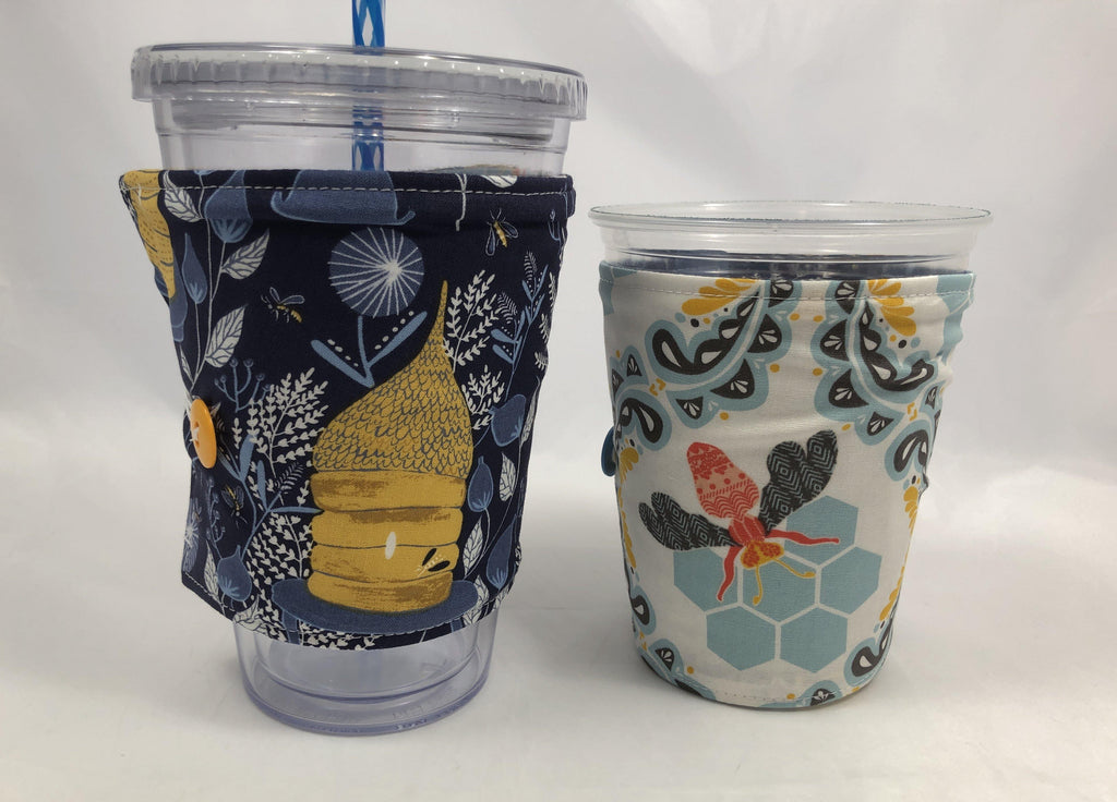 Honey Bee Reversible Coffee Cozy, Blue Iced Coffee Sleeve, Insulated Drink Cozy - EcoHip Custom Designs