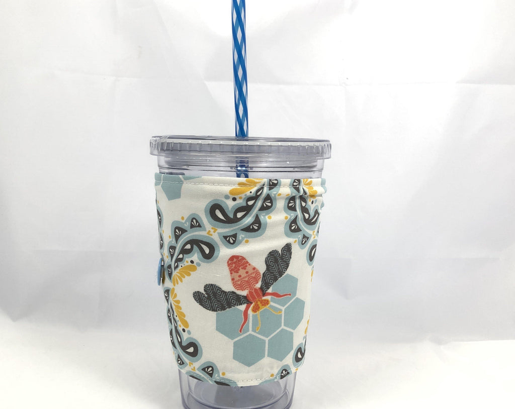 Honey Bee Reversible Coffee Cozy, Blue Iced Coffee Sleeve, Insulated Drink Cozy - EcoHip Custom Designs