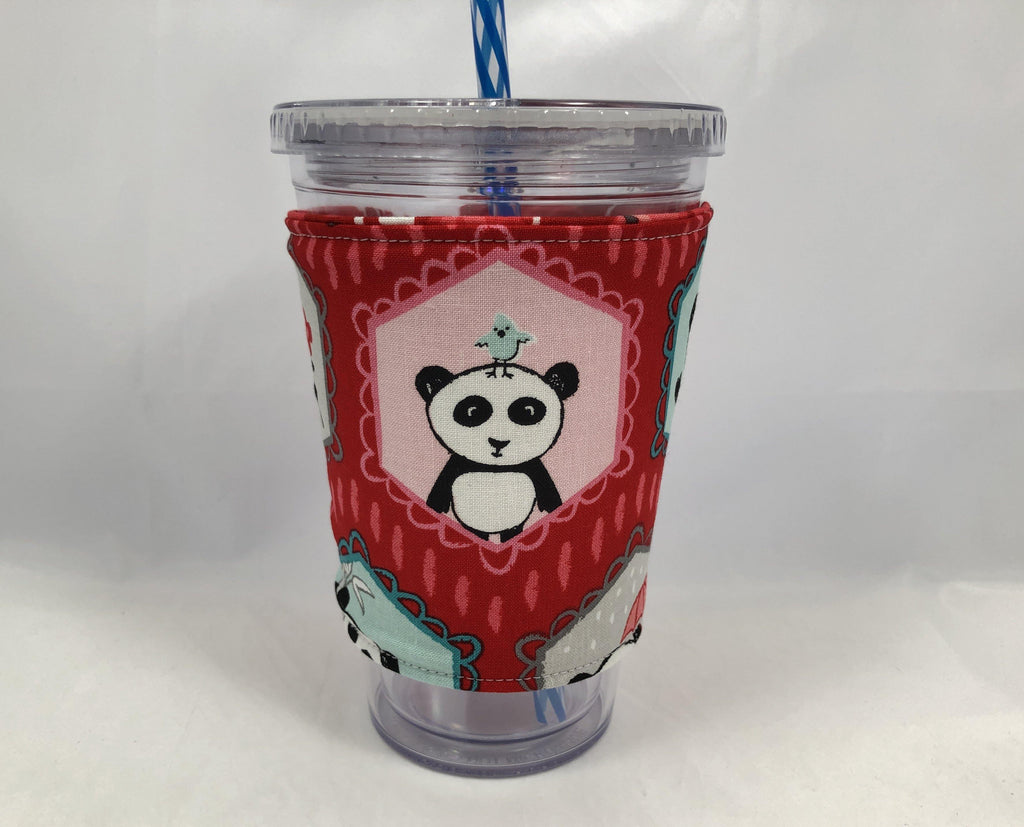 Panda Bear Reversible Coffee Cozy, Red Insulated Iced Coffee Sleeve, Cup Cozy - EcoHip Custom Designs