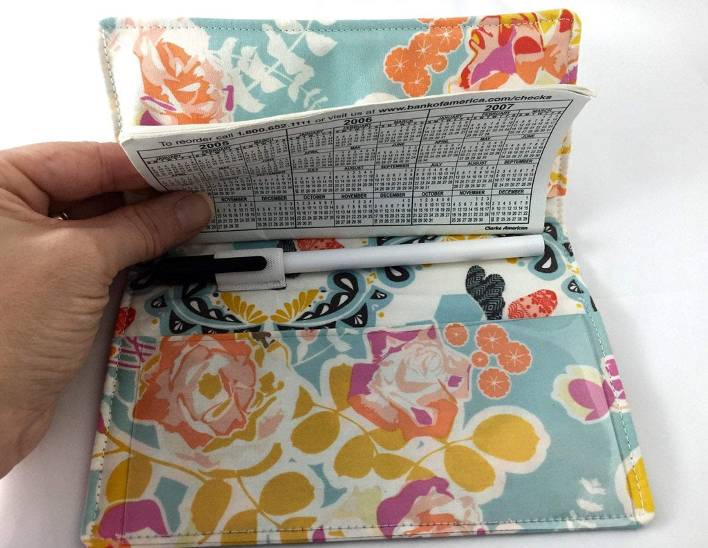 Blue Checkbook Cover, Duplicate Checks, Pen Holder, Purse Organizer, Blossoms - EcoHip Custom Designs