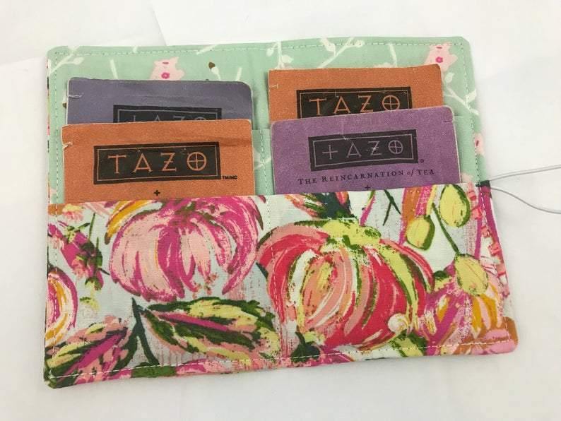 Pink Floral, Tea Bag Wallet, Travel Tea for Purse, Gift Card Case, Green - EcoHip Custom Designs