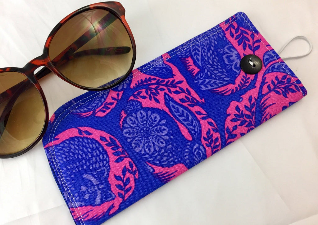 Blue Reading Glasses Case, Animal Sunglasses Sleeve, Fox, Rabbit, Deer Fabric Cover - EcoHip Custom Designs