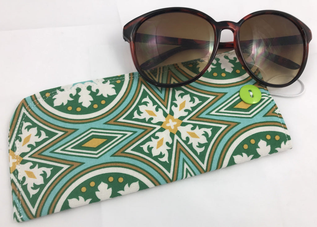Green Eyeglasses Pouch, Mosiac Reading Glasses Cover, Padded Sunglasses Case - EcoHip Custom Designs