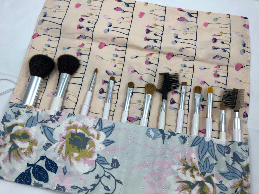 Blue Floral Makeup Brush Holder, Travel Cosmetic Brush Case, Paint Brush Roll - EcoHip Custom Designs