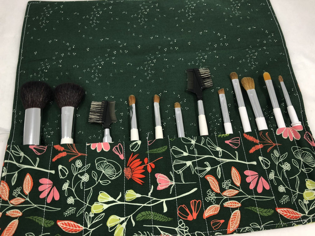 Green Makeup Brush Case, Travel Floral Make Up Brush Roll, Makeup Bag - EcoHip Custom Designs