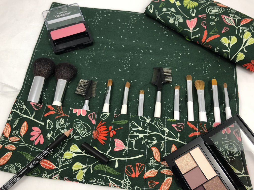 Green Makeup Brush Case, Travel Floral Make Up Brush Roll, Makeup Bag - EcoHip Custom Designs