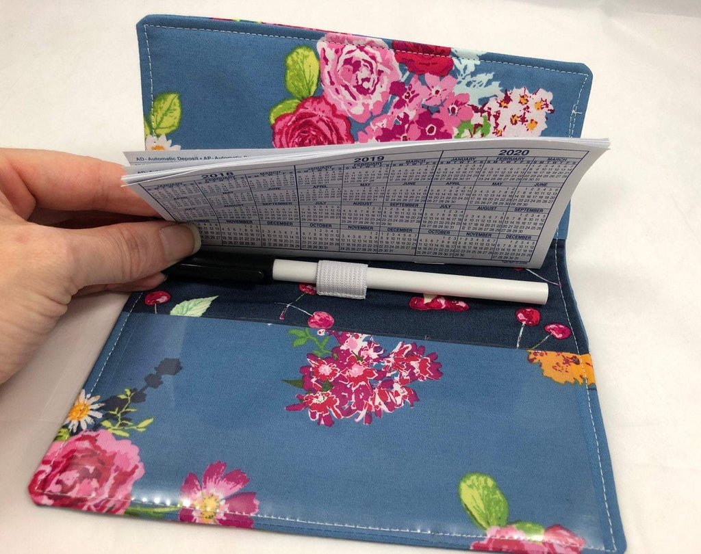 Steel Gray Checkbook Cover, Pen Holder, Duplicate Checkbook Wallet, Cherries, Floral - EcoHip Custom Designs