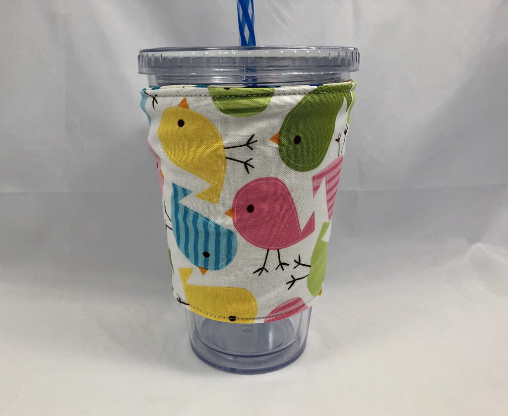 Spring Birds Coffee Cup Sleeve, Iced Coffee Cozy, Insulated Hot Drink Cozy, Pink, Green - EcoHip Custom Designs