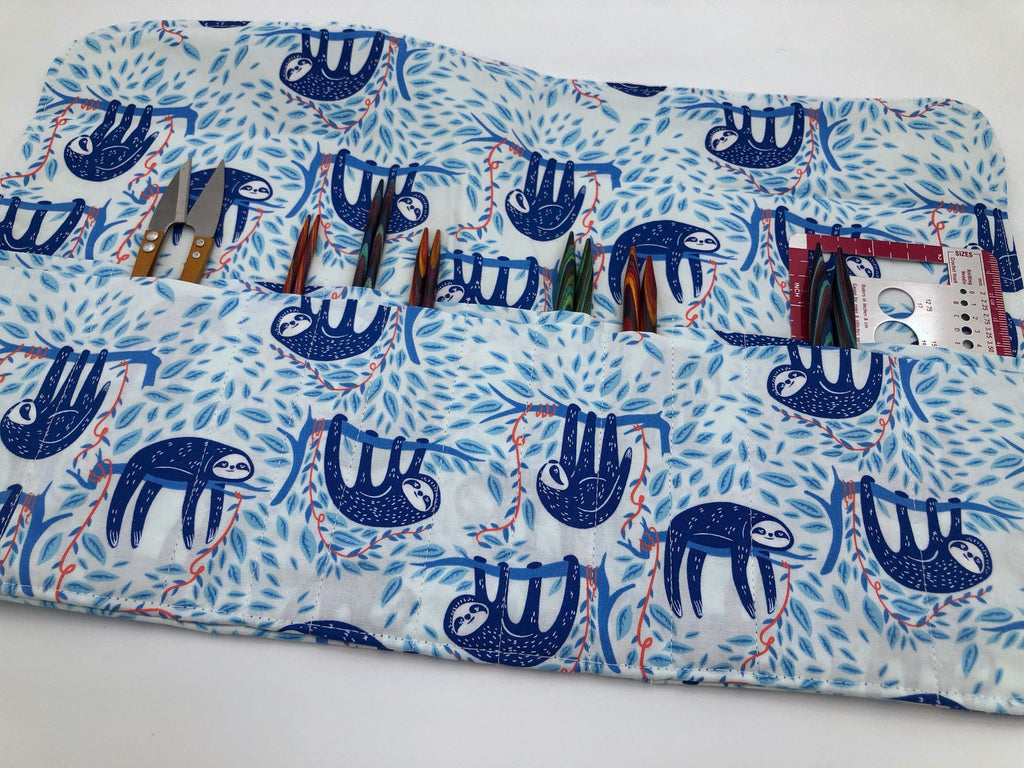 Sloth Interchangeable Knitting Needle Case, Needle Storage, Crochet Hook Roll, Blue - EcoHip Custom Designs
