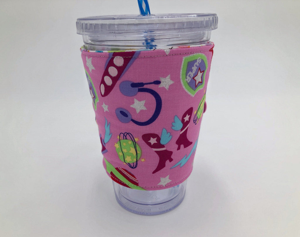 Reversible Coffee Sleeve, Bird Iced Coffee Cozy, Pink Superhero Coffee Cup Cuff - EcoHip Custom Designs