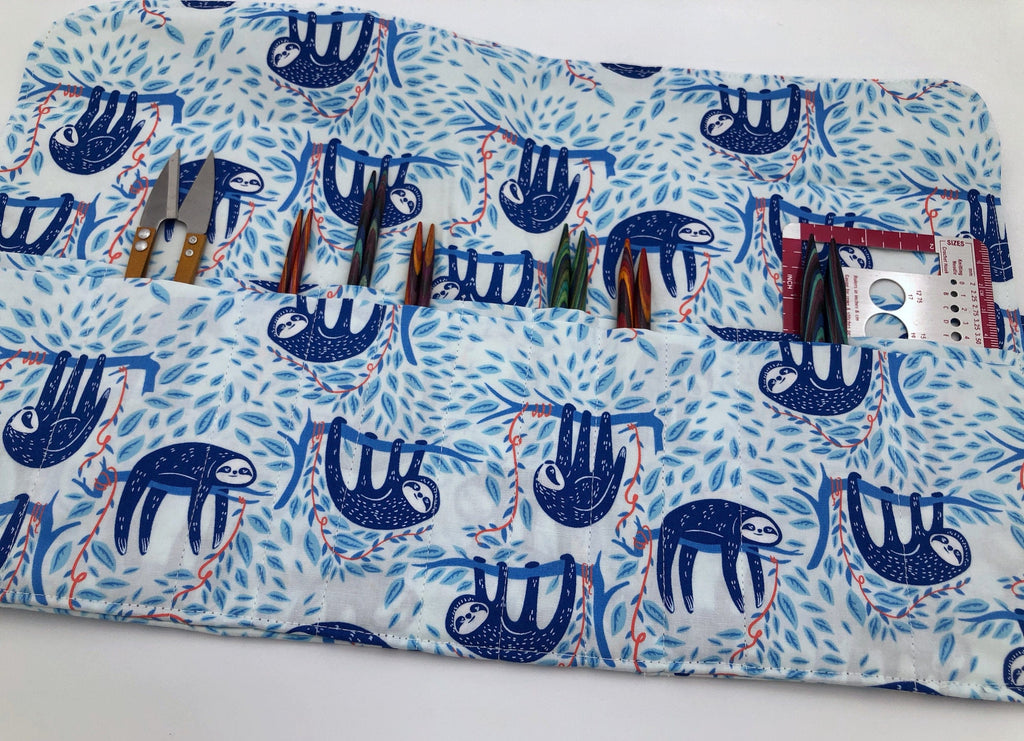 Sloth Interchangeable Knitting Needle Case, Needle Storage, Crochet Hook Roll, Blue - EcoHip Custom Designs
