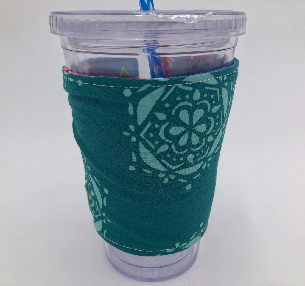 Reversible Coffee Cozy, Floral Coffee Sleeve, Insulated Teal Green Drink Cuff - EcoHip Custom Designs