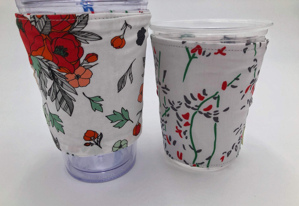 Red Floral Coffee Cozy, Reversible Iced Coffee Sleeve, Insulated Hot Drink Cozy - EcoHip Custom Designs