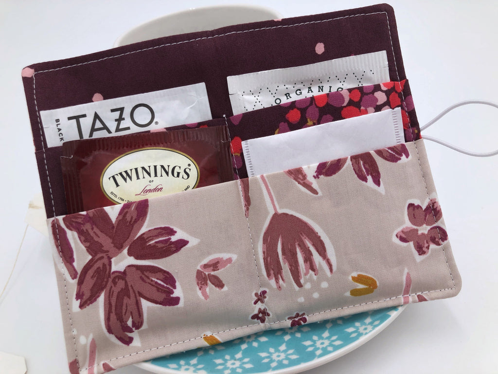 Beige Tea Bag Wallet, Red Foliage Teabag Holder, Travel Tea Bag Organizer - EcoHip Custom Designs