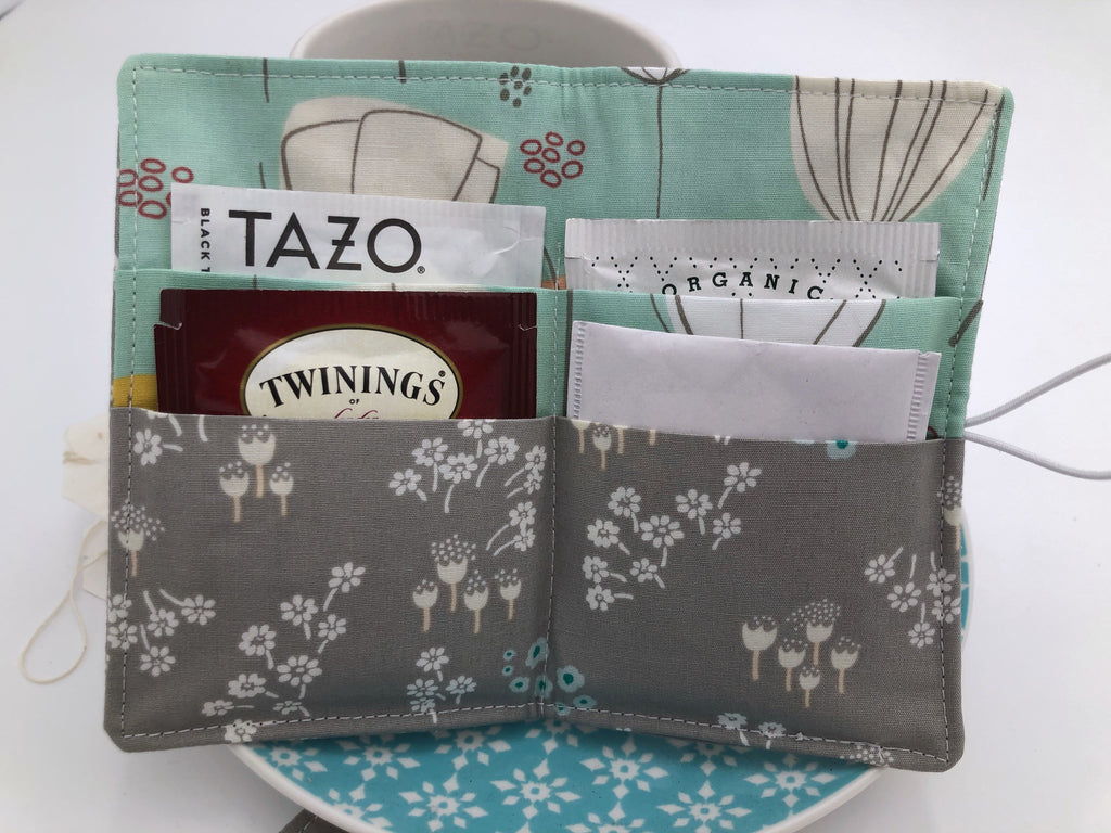 Gray Teabag Wallet, Light Green Floral Tea Bag Organizer, Travel Tea Bag Holder - EcoHip Custom Designs