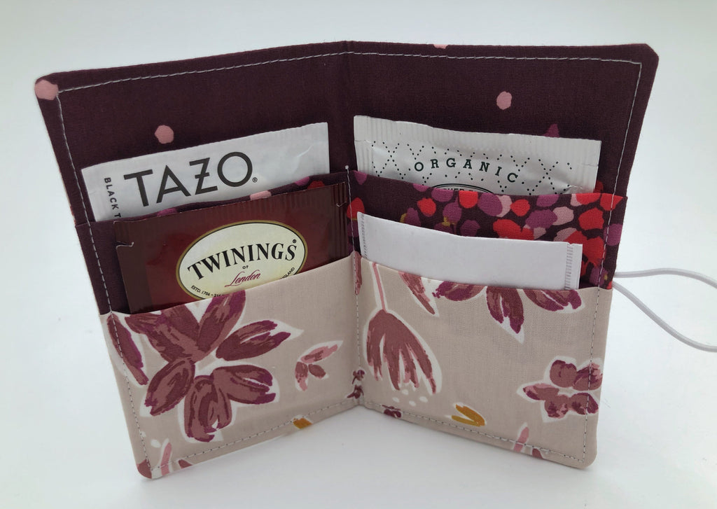 Beige Tea Bag Wallet, Red Foliage Teabag Holder, Travel Tea Bag Organizer - EcoHip Custom Designs