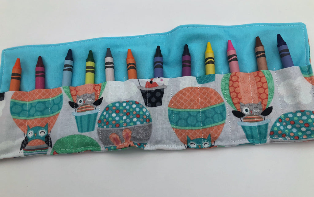 Balloon Crayon Roll Up, Owl Crayon Caddy, Blue Crayon Case, Foxes, Stocking Stuffer - EcoHip Custom Designs