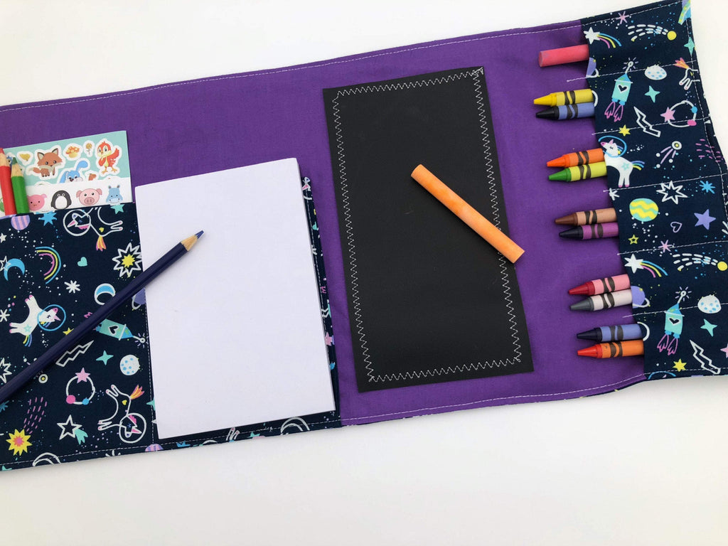 Creative Crayon Wallet, Unicorns, Outer Space Chalk Board Roll Up, Purple Crafts for Toddlers - EcoHip Custom Designs