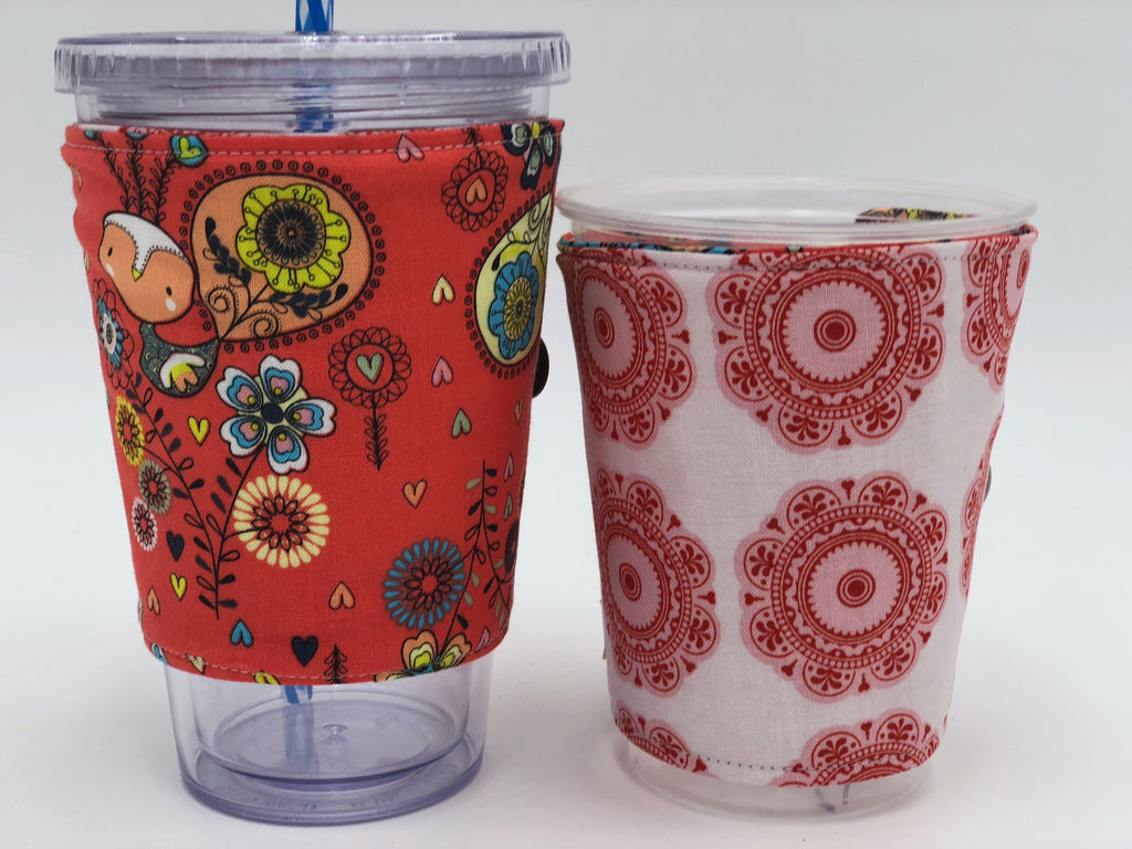 Peacock Iced Coffee Cozy, Red Insulated Hot Coffee Sleeve, Reversible Drink Cozy - EcoHip Custom Designs