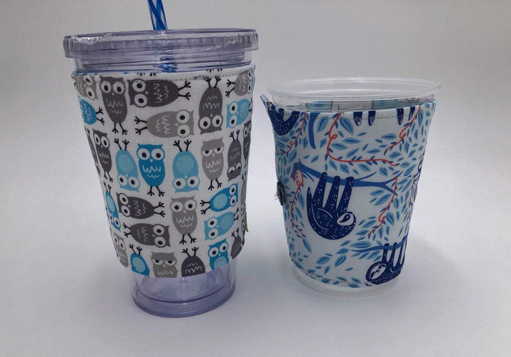 Blue Sloth Iced Coffee Cozy, Gray Owls Insulated Coffee Sleeve, Reversible Drink Cozy - EcoHip Custom Designs