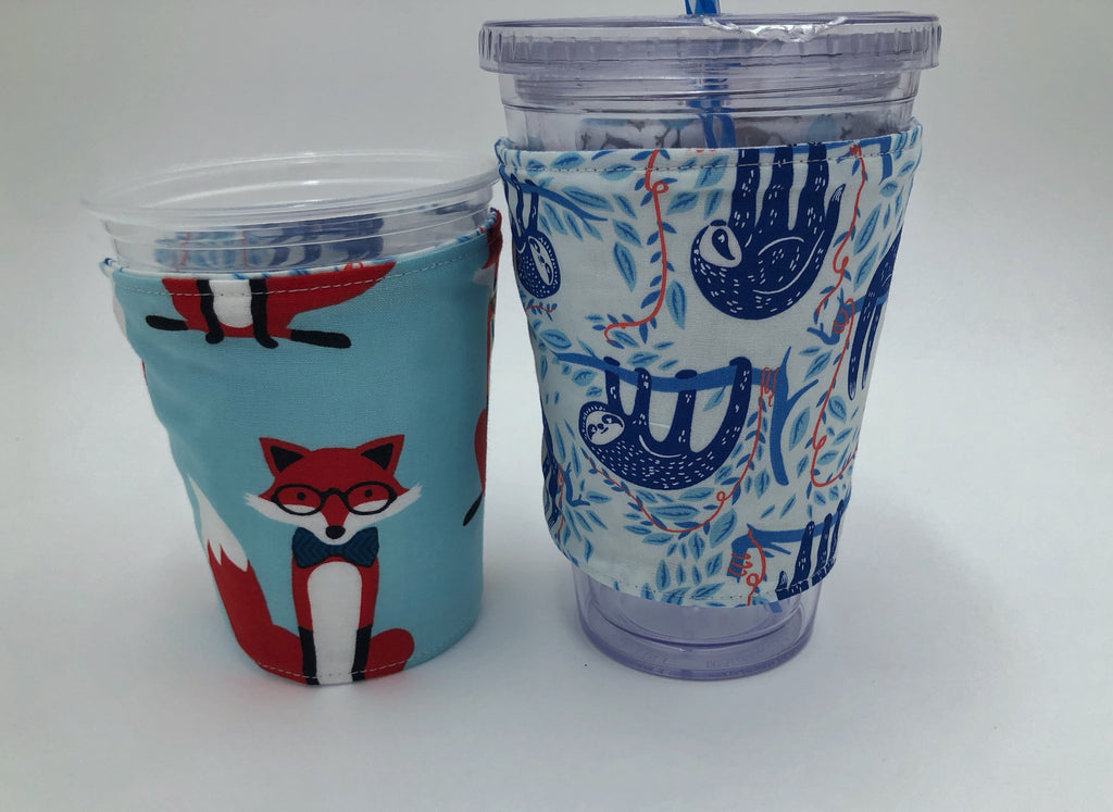 Aqua Blue Foxes Coffee Cozy, Reversible Iced Drink Sleeve, Sloth Insulated Hot Tea Cozy - EcoHip Custom Designs