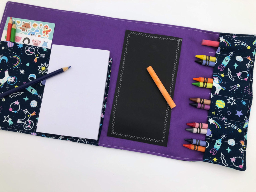 Creative Crayon Wallet, Unicorns, Outer Space Chalk Board Roll Up, Purple Crafts for Toddlers - EcoHip Custom Designs