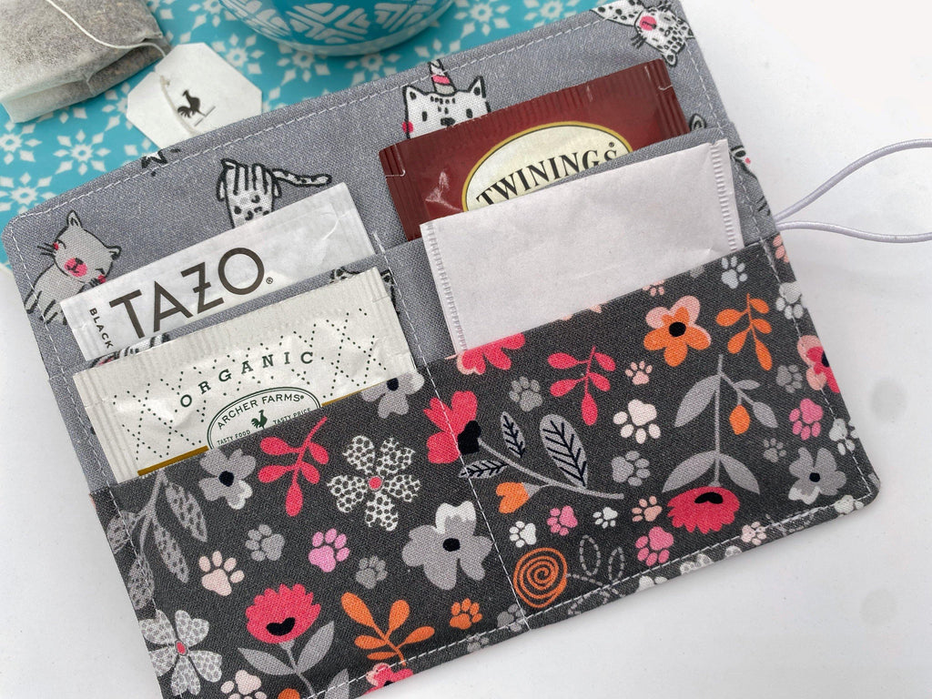 Tea Wallet, Tea Bag Holder, Pink Tea Bag Wallet, Teabag Wallet, Teabag Holder, Tea Bag Cozy - Floral Kitty Gray