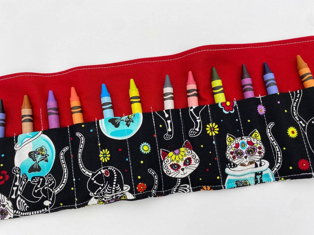 Boy&#39;s Crayon Roll, Crayon Case, Toddler Travel Toy, Party Favor, Travel Crayon Caddy - Sugar Skulls Kitty