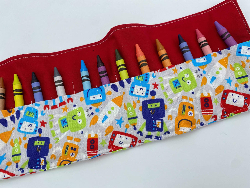 Trains Crayon Roll, Crayon Caddy, Toddler Birthday Party, Boy&#39;s Crayon Case, Robots, Gray