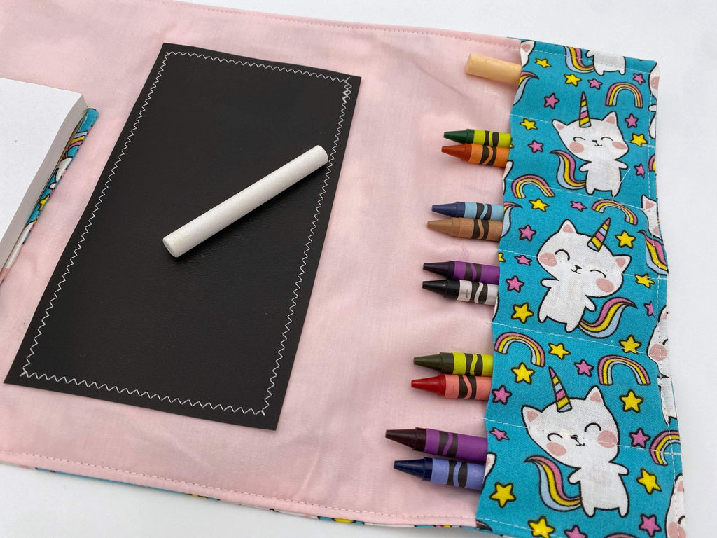 Activity Wallet, Travel Crayon Roll, Chalkboard Mat, Crayon Case, Gift for Kids, Pencil Case, Creative Toy, Stickers - Caticorn Rainbow