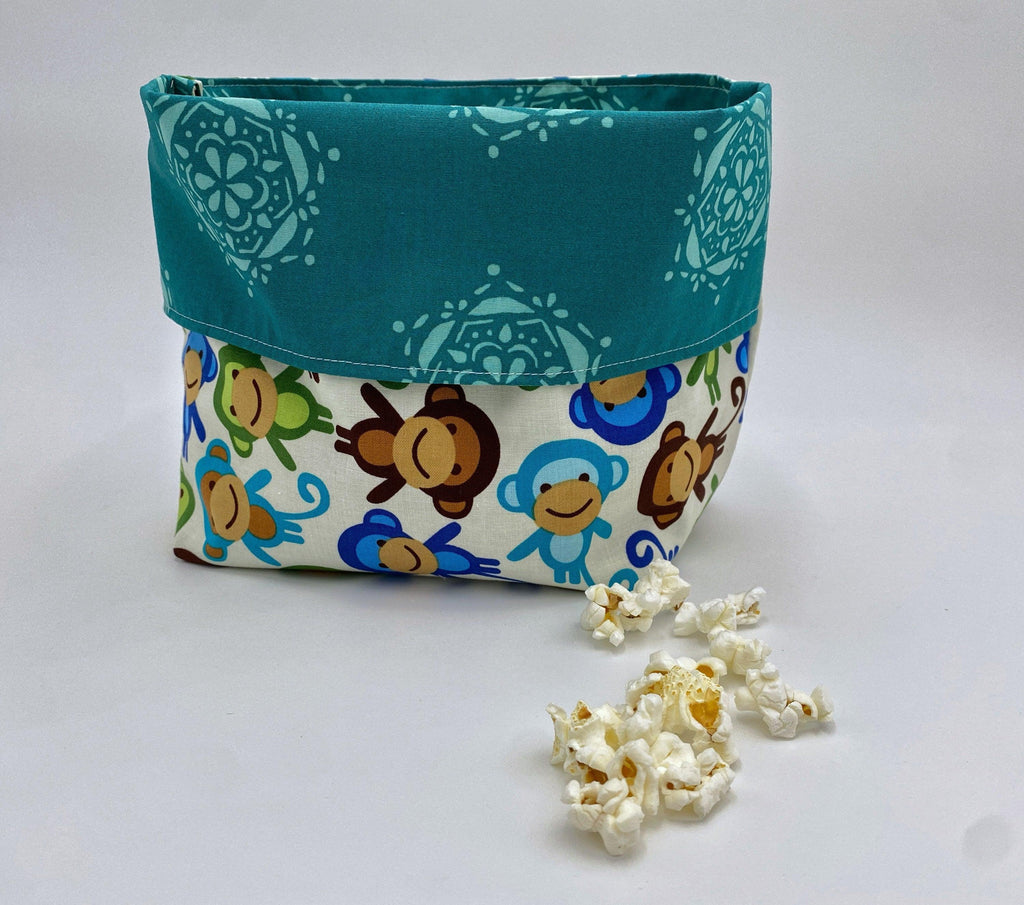 Reusable Popcorn Bag, Reusable Microwave Popcorn, Microwave Popcorn Cozy, Eco-Friendly Snack Holder - Monkeys Blue