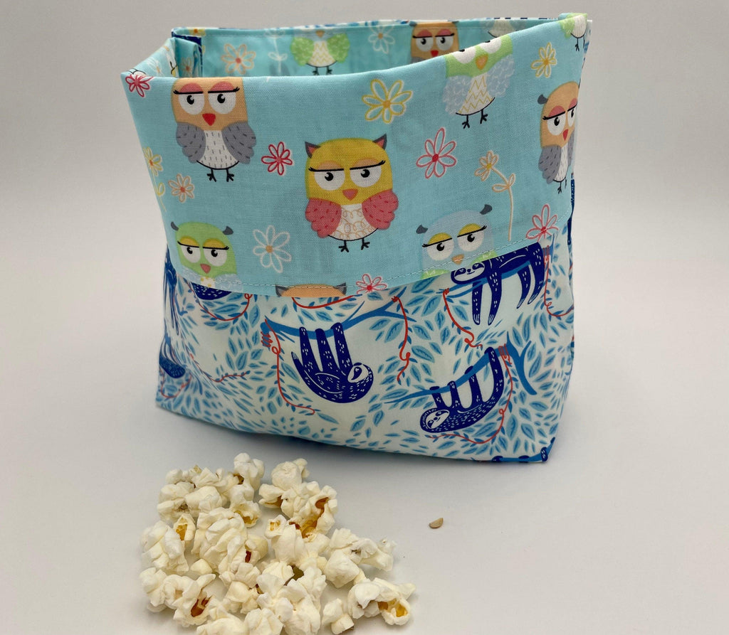 Reusable Popcorn Bag, Reusable Microwave Popcorn, Microwave Popcorn Cozy, Eco-Friendly Snack Holder - Sloth and Owl