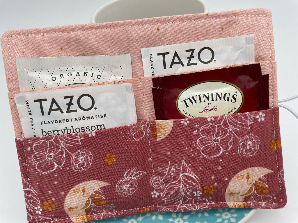 Tea Wallet, Tea Bag Holder, Tea Bag Wallet, Teabag Wallet, Teabag Holder, Tea Bag Cozy - Moon and Floral Pink