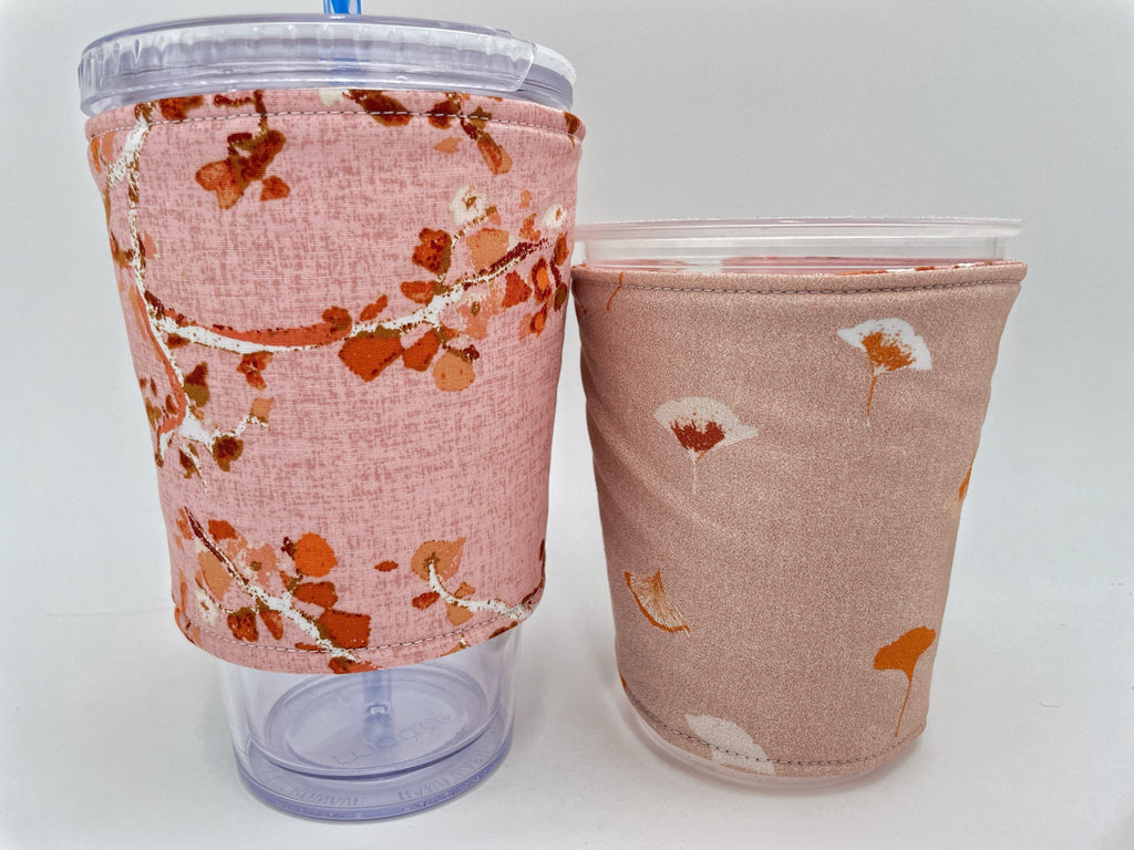 Reversible Coffee Cozy, Insulated Coffee Sleeve, Coffee Cuff, Iced Coffee Sleeve, Hot Tea Sleeve, Cold Drink Cuff - Enchanted Leaves Blush