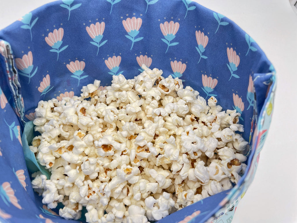 Reusable Popcorn Bag, Reusable Microwave Popcorn, Microwave Popcorn Cozy, Eco-Friendly Snack Holder - Our Town Blue