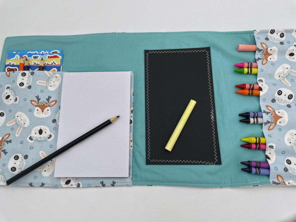 Activity Wallet, Travel Crayon Roll, Chalkboard Mat, Crayon Case, Gift for Kids, Pencil Case, Creative Toy, Stickers - Deer Panda Rabbit