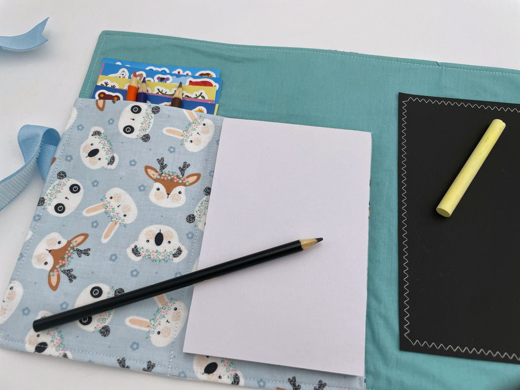 Activity Wallet, Travel Crayon Roll, Chalkboard Mat, Crayon Case, Gift for Kids, Pencil Case, Creative Toy, Stickers - Deer Panda Rabbit
