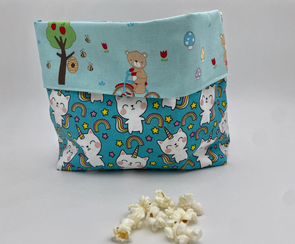 Reusable Popcorn Bag, Reusable Microwave Popcorn, Microwave Popcorn Cozy, Eco-Friendly Snack Holder - Unicorn Cat