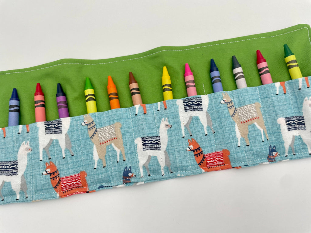 Animal Crayon Roll, Sloths Crayon Caddy, Crayon Case, Crayon Wallet - Llamas in Blue