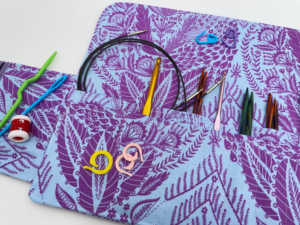Interchangeable Knitting Needle Case, Knitting Notions Storage, Crochet Hook Roll, Knitting Needle Organizer - Lilac and Blue
